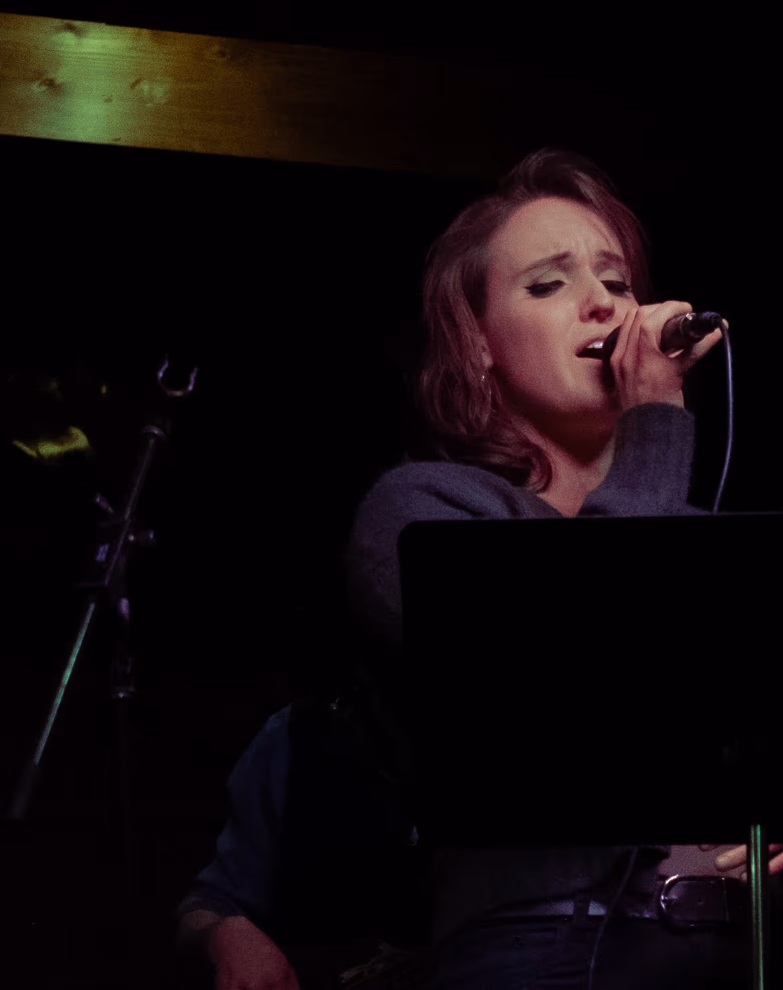 Photo of singer singing into microphone