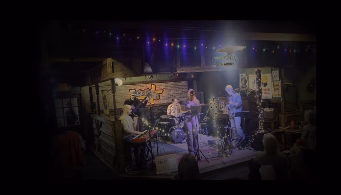 Zoomed out image of a band on stage