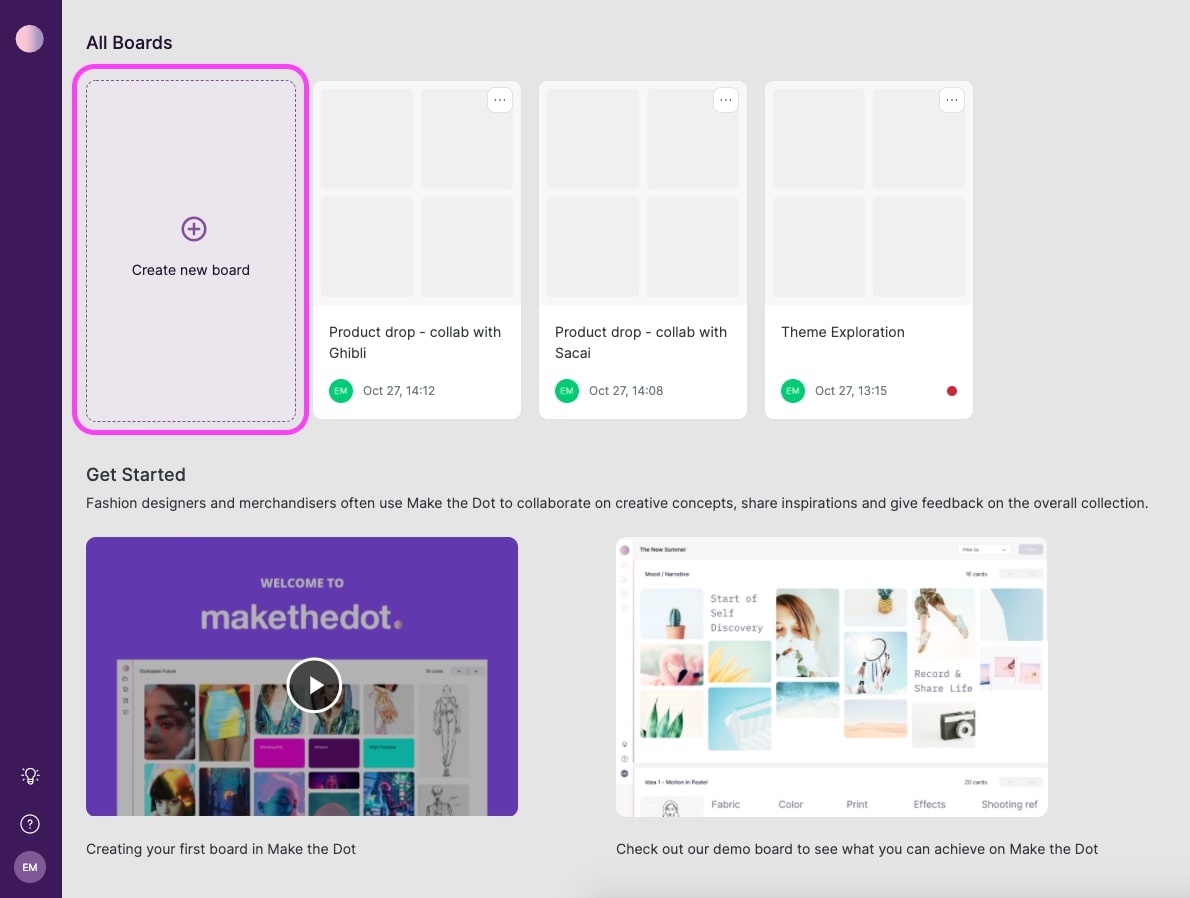Create a new fashion moodboard from homescreen