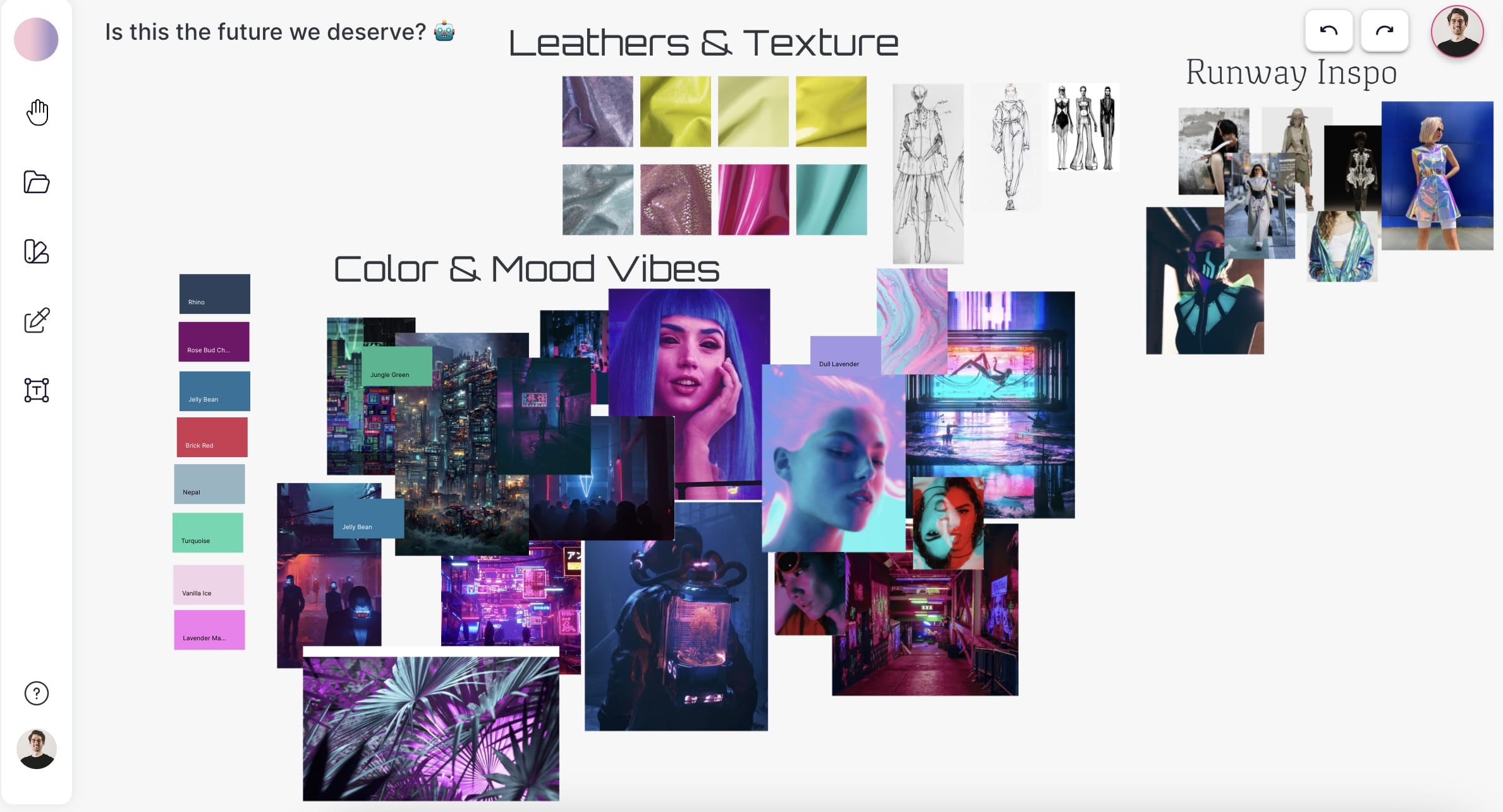 Moodboard example on make the dot for color palettes and dystopian future inspiratione