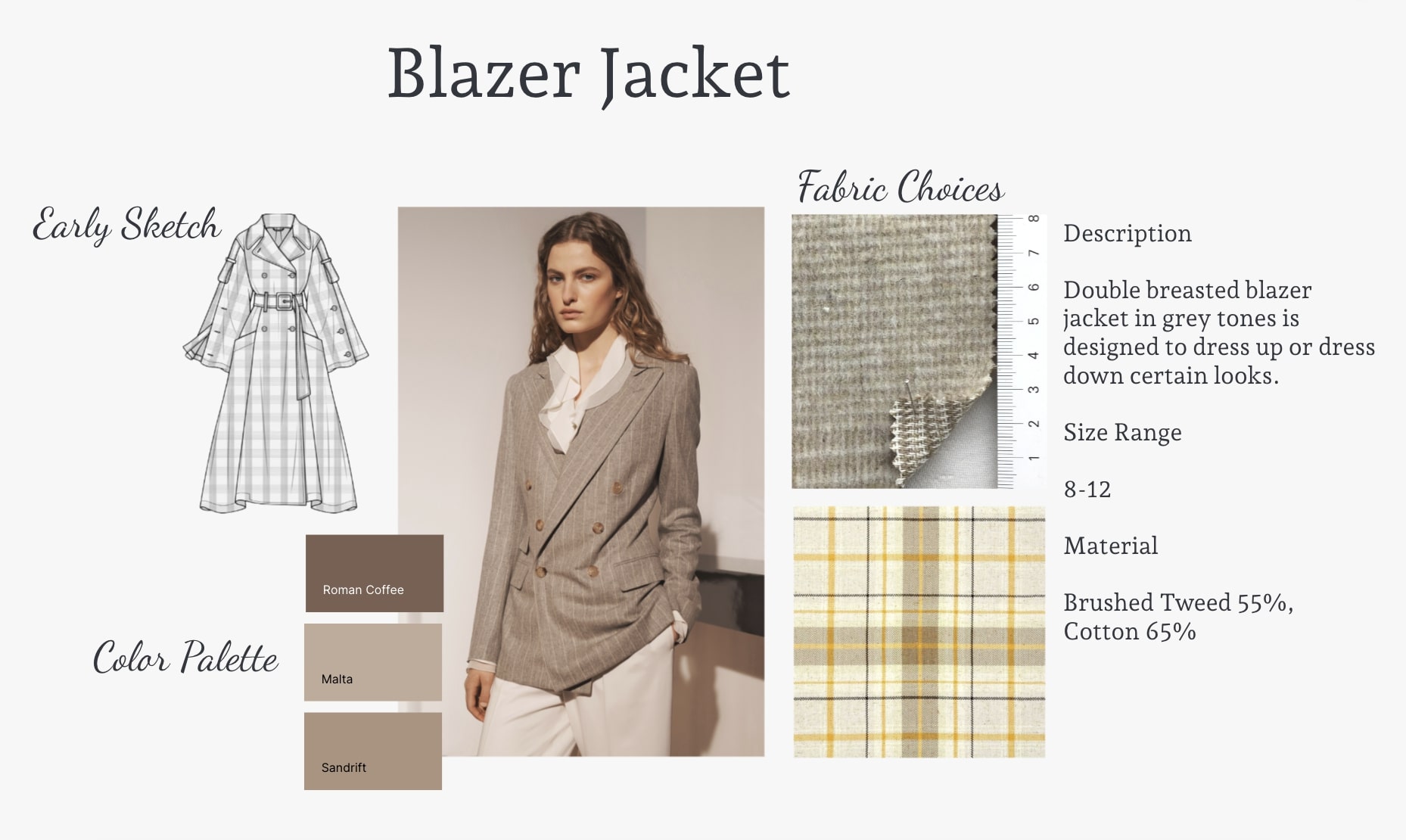 Blazer jacket, fabric, sketch, color palette in lookbook example on make the dot