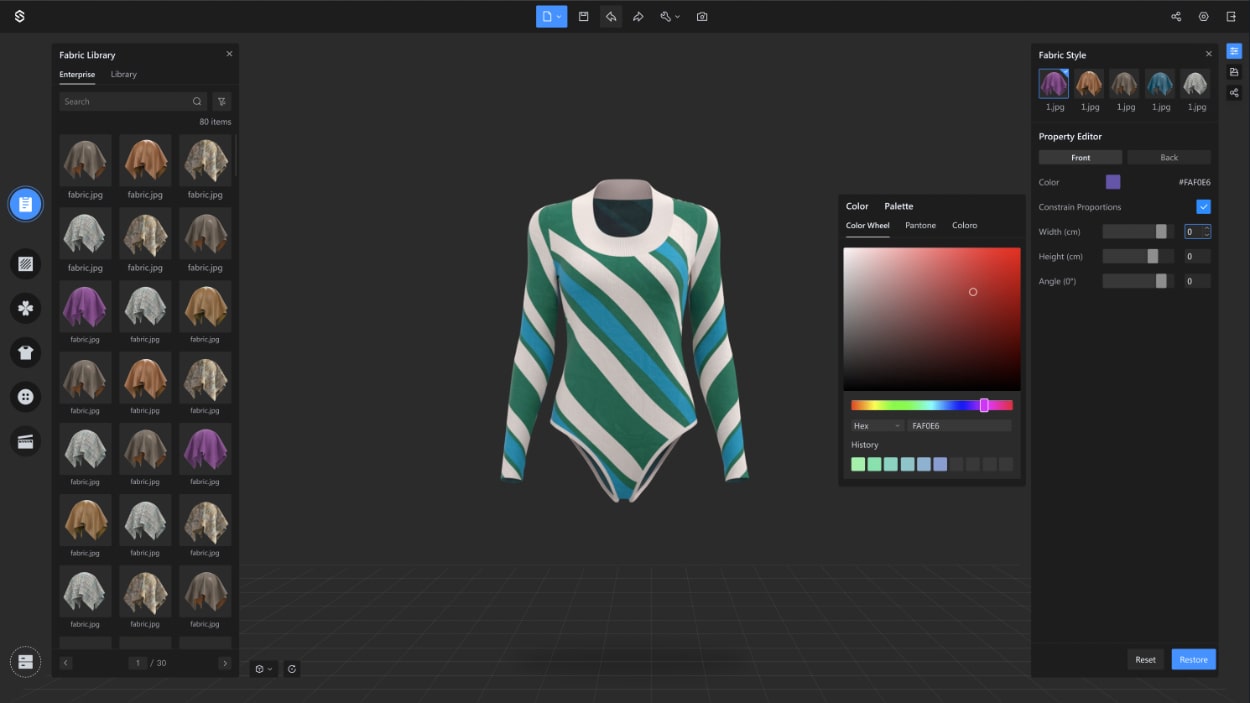 Changing fabrics and colors in Style3D fashion design software