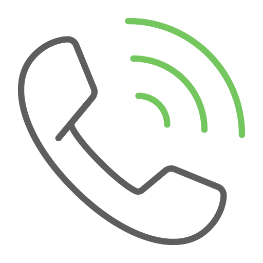 Gray telephone handset icon with three green curved lines representing sound waves.