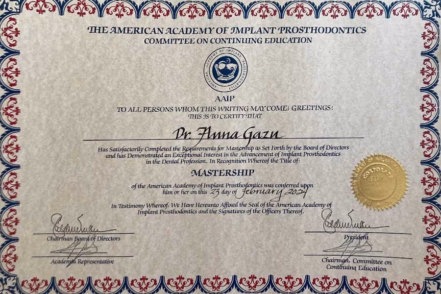 Mastership certificate awarded to Dr. Anna Gazu by the American Academy of Implant Prosthodontics Committee on Continuing Education