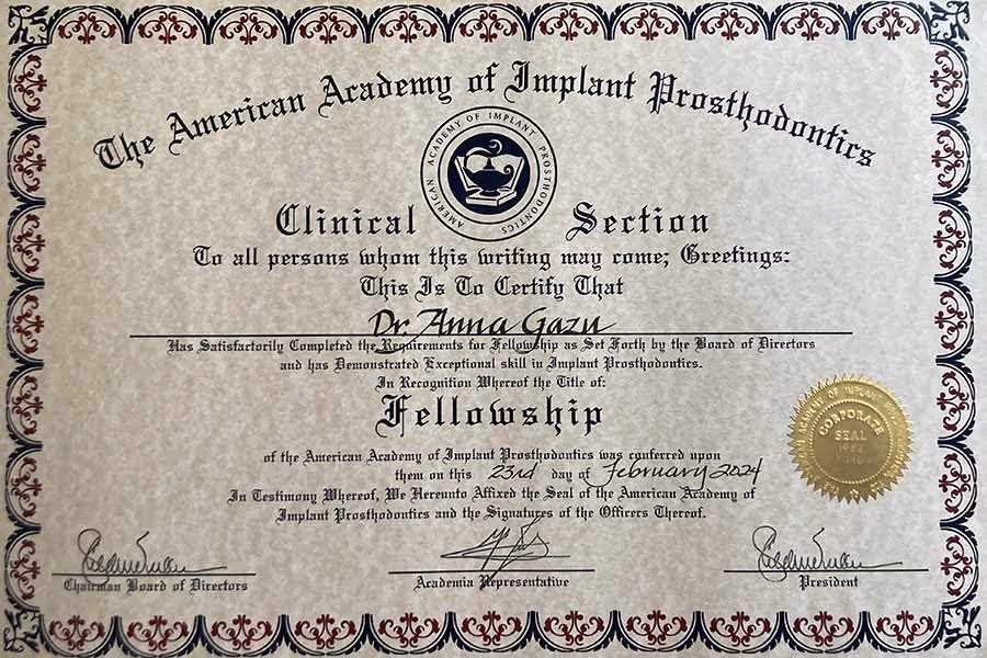 Fellowship certificate awarded to Dr. Anna Gazu by the American Academy of Implant Prosthodontics (AAIP)