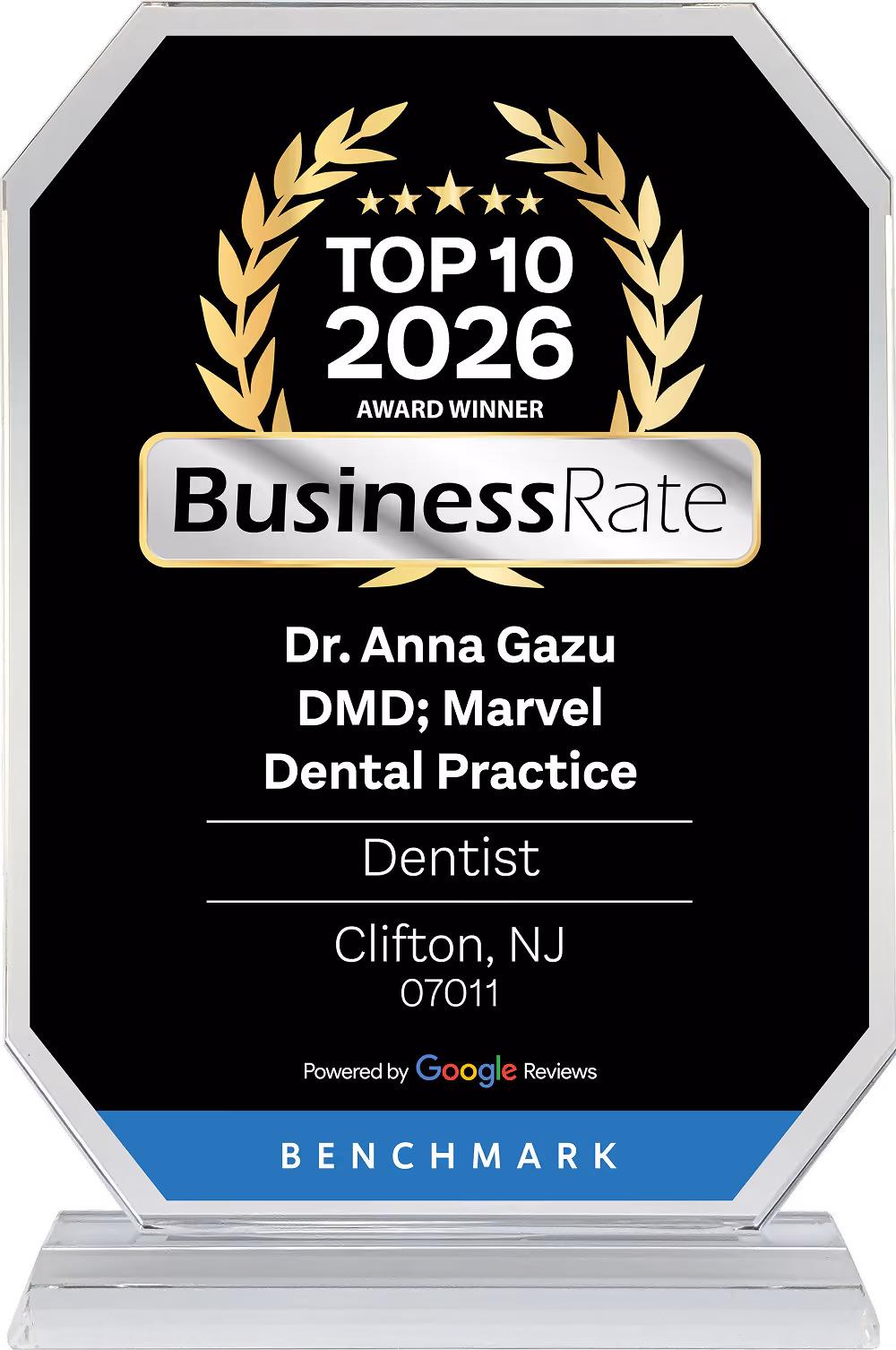 Dr. Anna Gazu, DMD of Marvel Dental Practice in Clifton, NJ - BusinessRate Top 10 Dentist Award 2026
