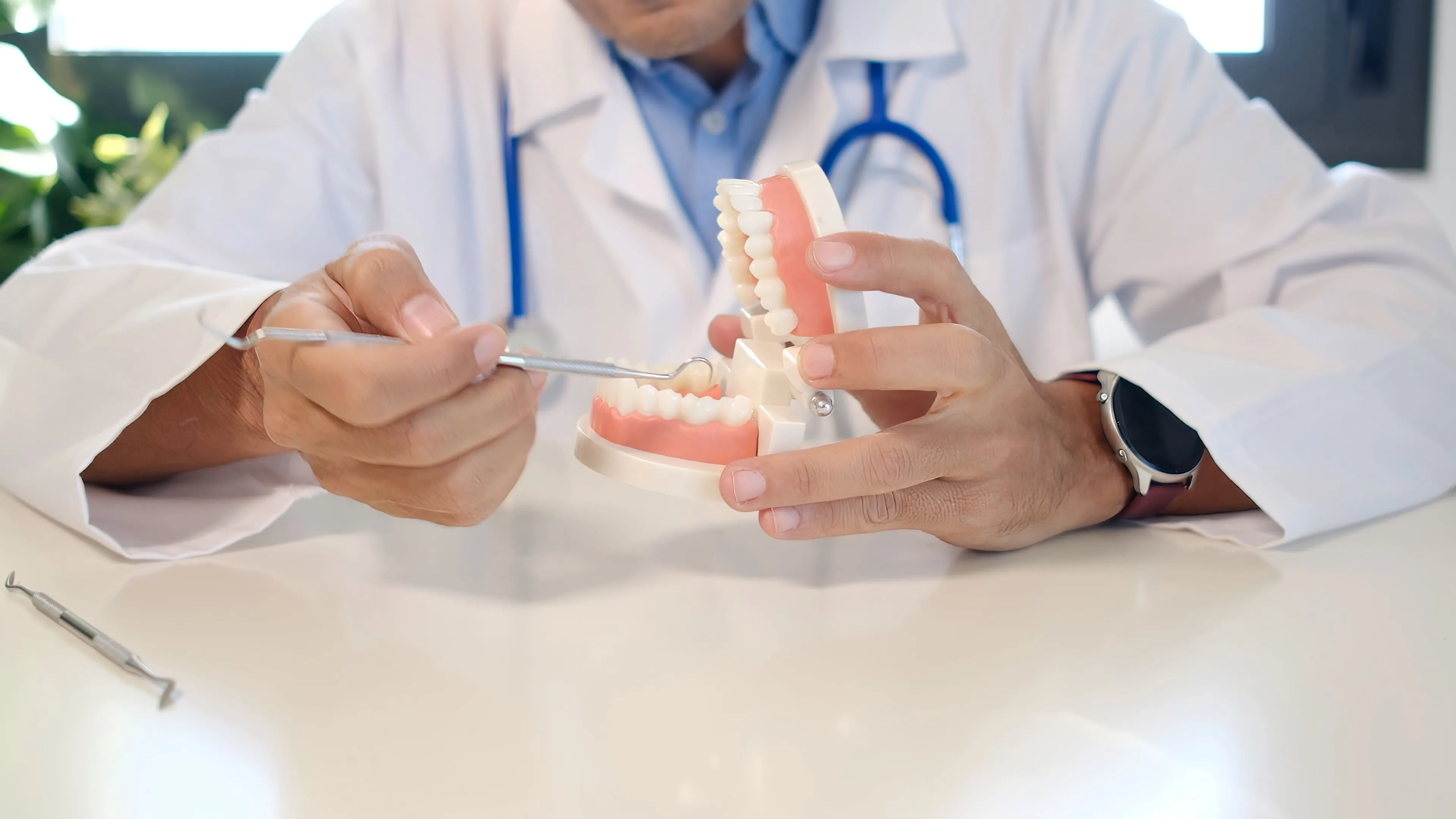 Dentist demonstrating a full-arch implant restoration model near Garfield, NJ
