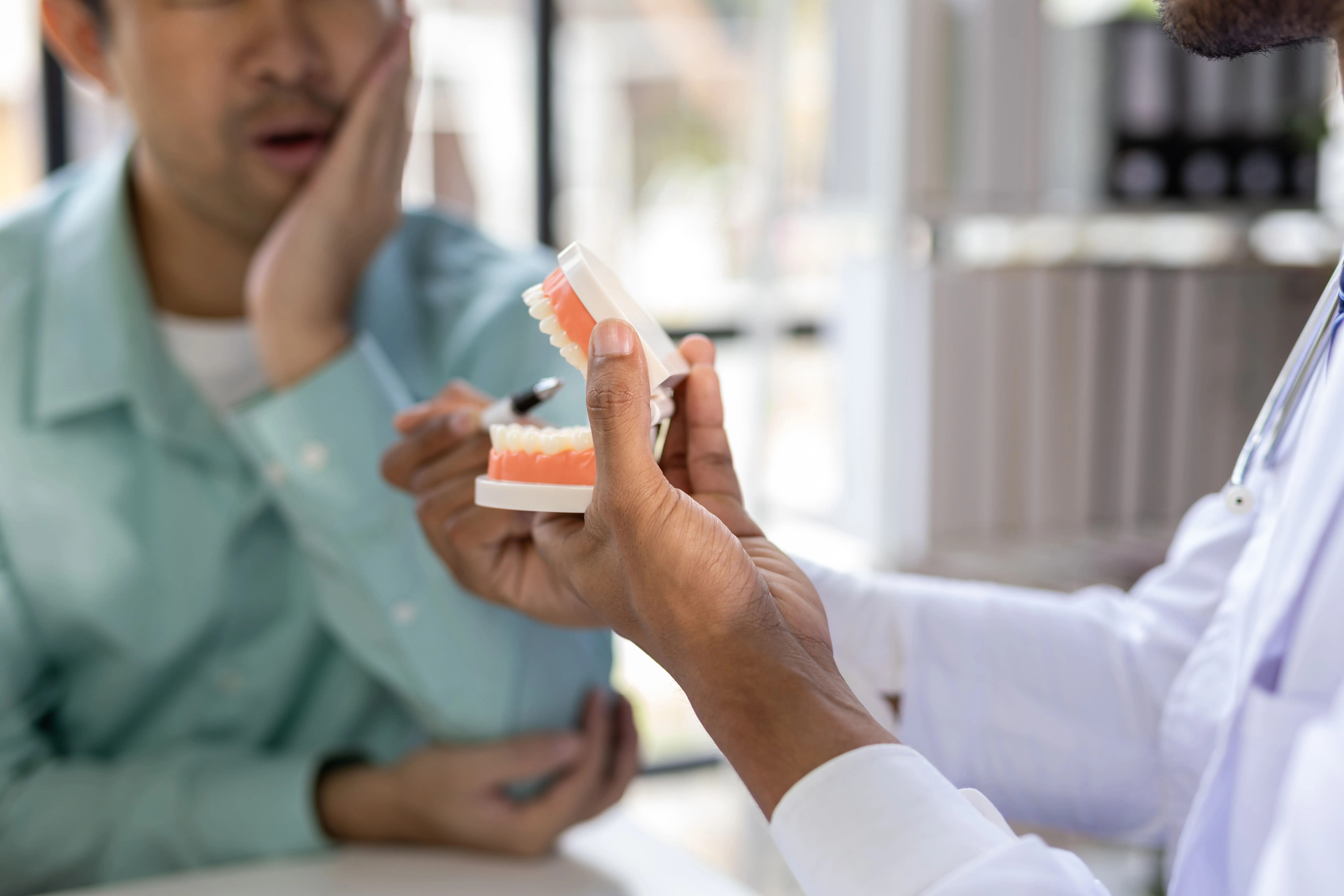 Dentist explaining a full-arch implant model to a patient near Elmwood Park, NJ
