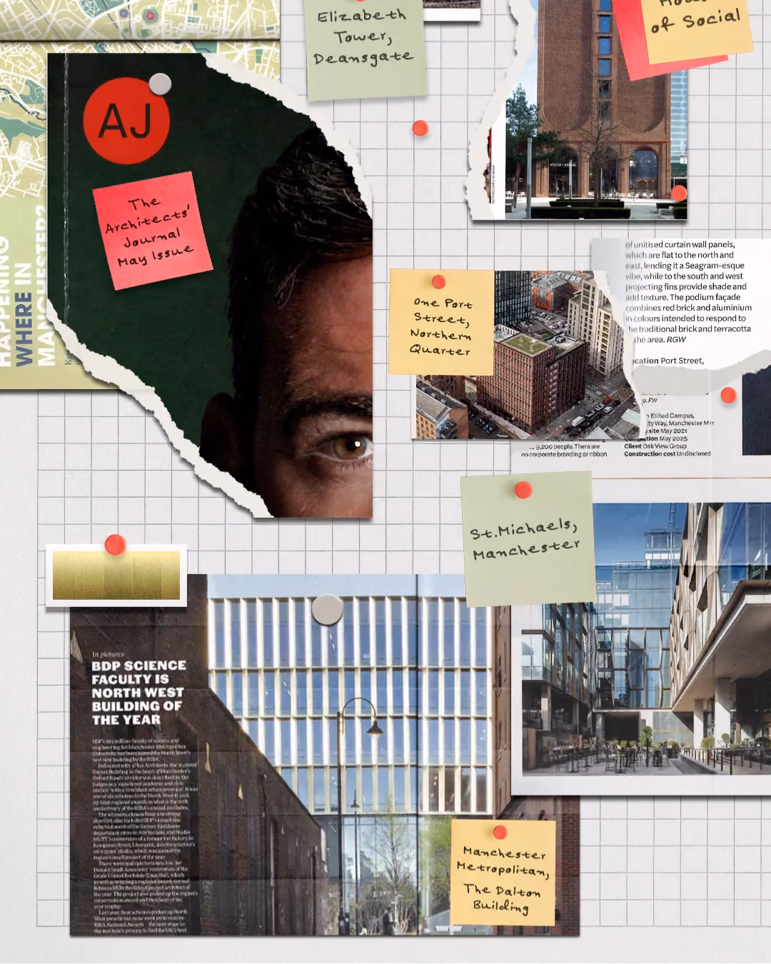 Architects’ Journal collage highlighting the award-winning Dalton Building alongside other major Manchester developments.