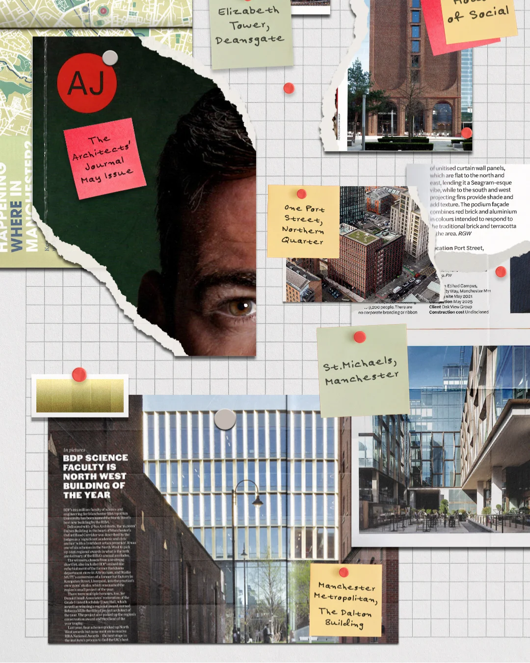 Architects’ Journal collage highlighting the award-winning Dalton Building alongside other major Manchester developments.