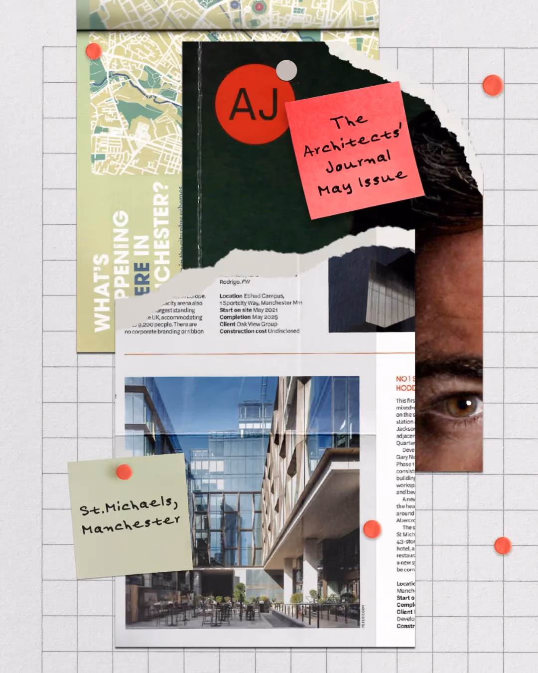 Architects’ Journal collage featuring St Michael’s in Manchester and its bronze anodised aluminium façade.
