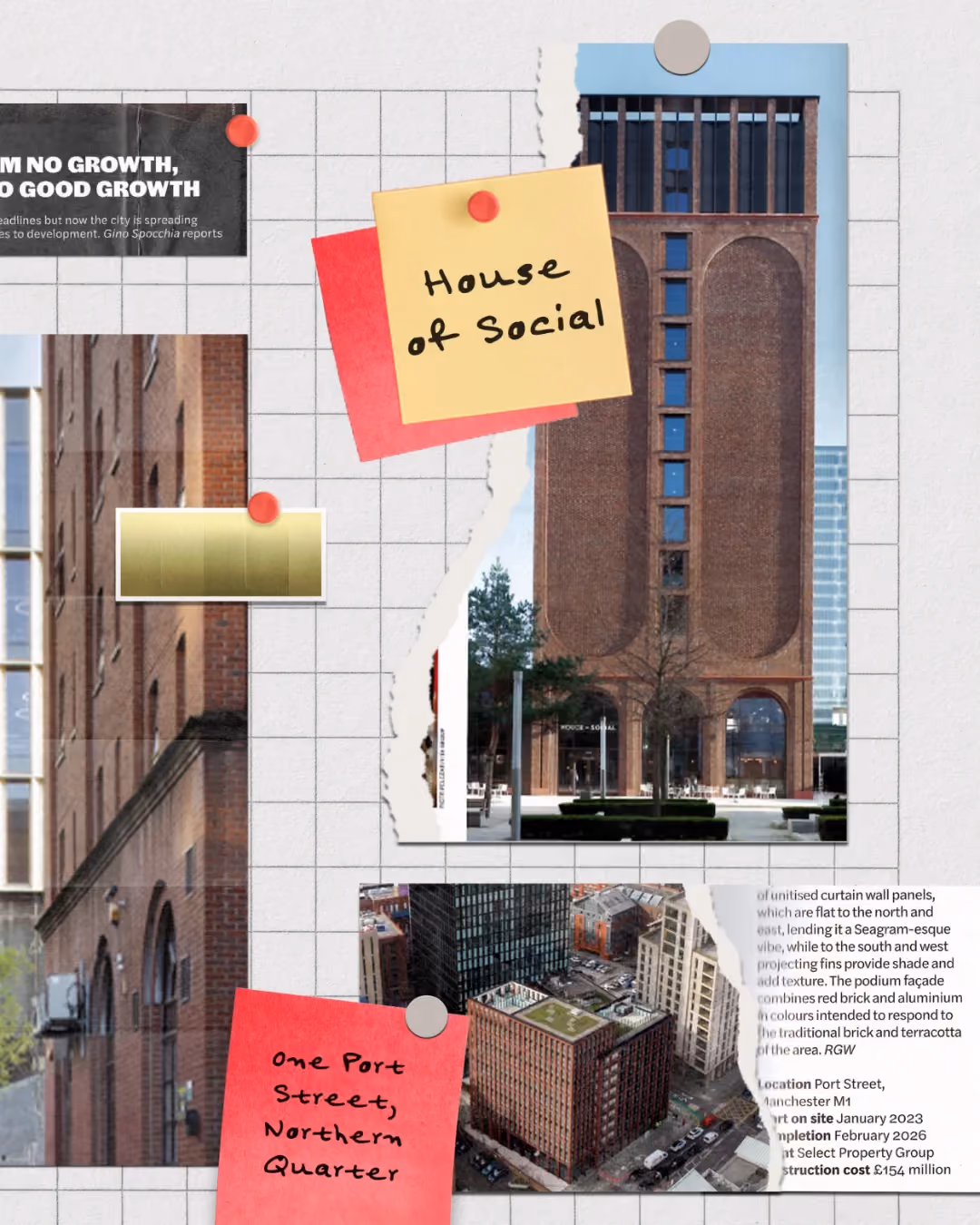 Architects’ Journal collage featuring One Port Street in Manchester and its brick and anodised aluminium façade.