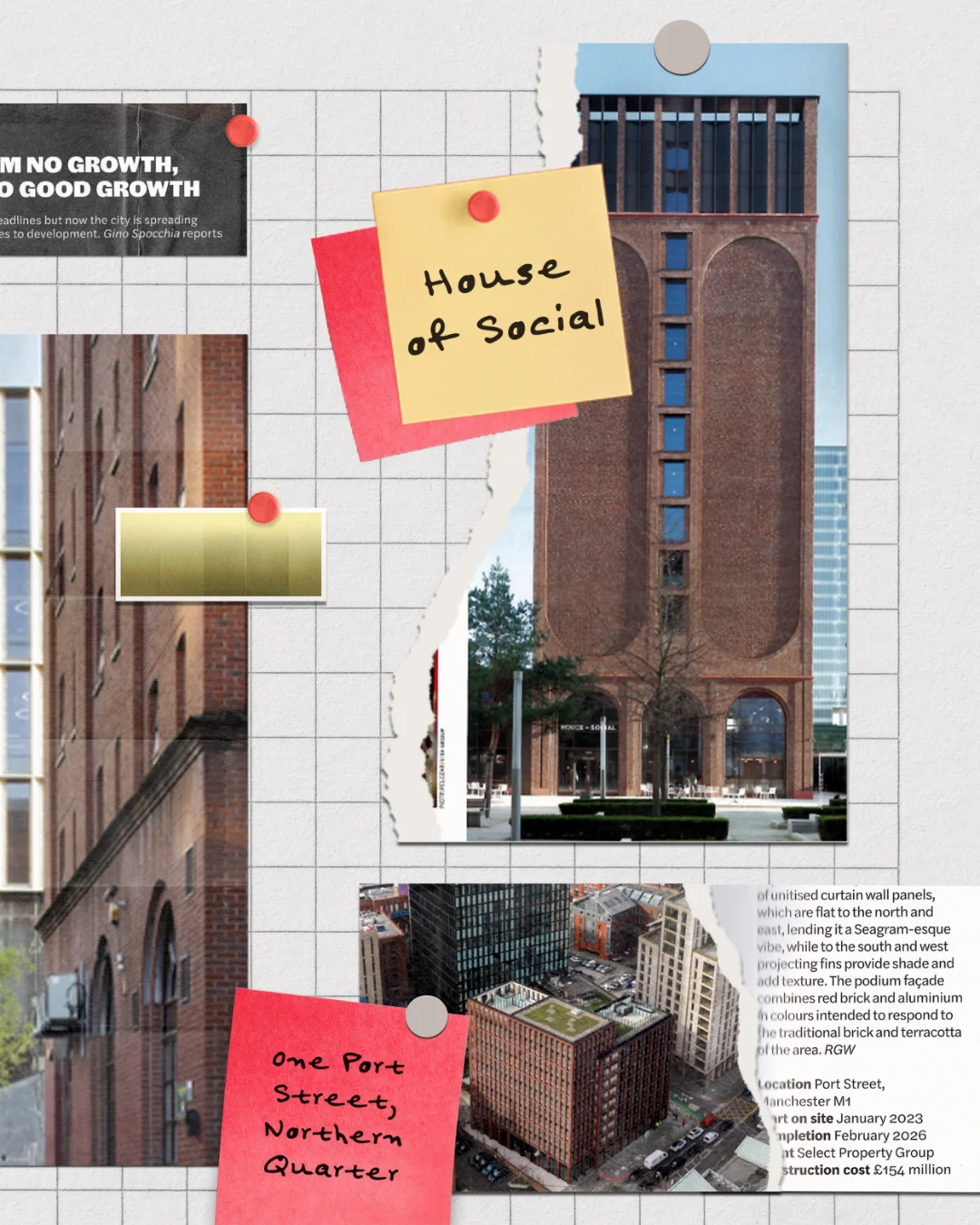 Architects’ Journal collage featuring One Port Street in Manchester and its brick and anodised aluminium façade.