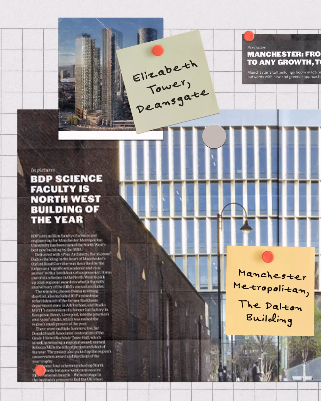 Architects’ Journal collage featuring Elizabeth Tower at Crown Street and the award-winning Dalton Building in Manchester.
