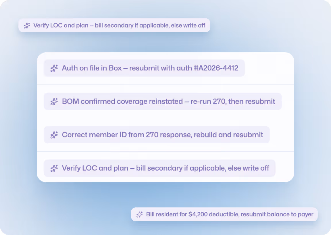 List of billing and resubmission tasks including verifying LOC and plan, auth on file resubmission, BOM coverage reinstatement, member ID correction, and billing resident deductible.