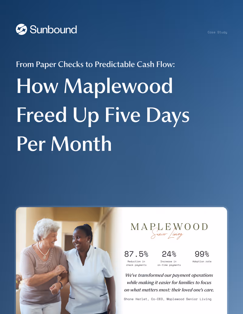 Sunbound case study titled 'How Maplewood Freed Up Five Days Per Month' showing an elderly woman and a caregiver smiling together, with statistics on payment operations improvements.