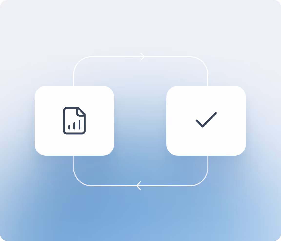 Illustration of a looping process between a document icon with a bar chart and a checkmark icon connected by arrows.