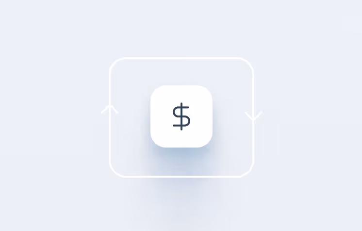 White rounded square button with a dollar sign enclosed by a white rounded square arrow loop on a light gray background.