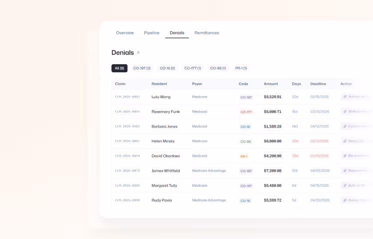 White rounded rectangle with the text 'Claims Management' on a light beige background with an abstract network of connected orange dots and lines.