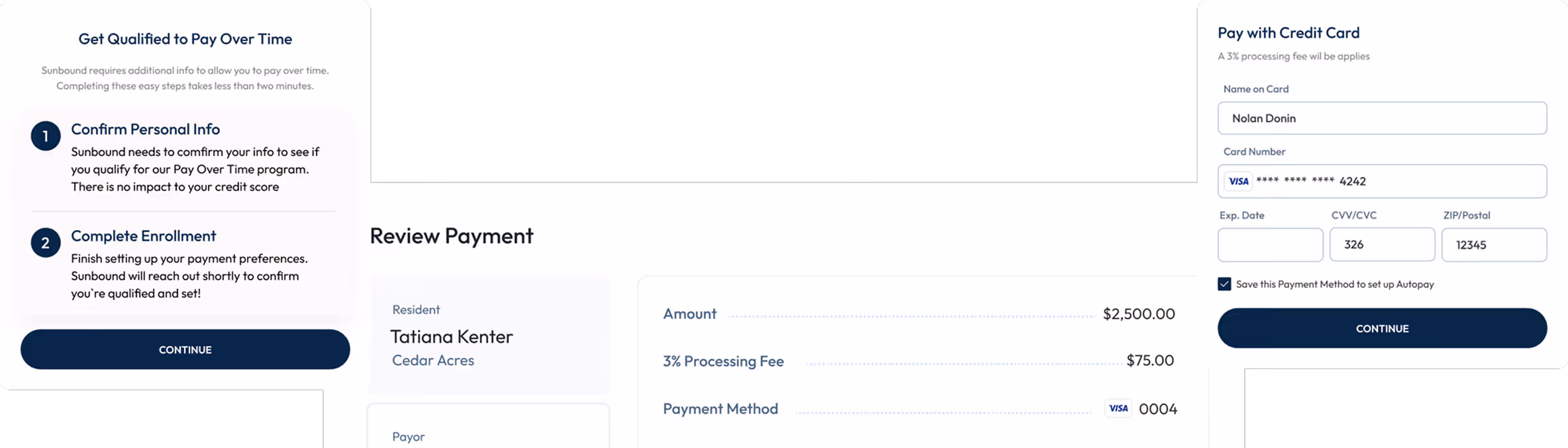 Online payment screen showing steps to qualify for pay over time, review of payment details for Tatiana Kenter, and a form to enter credit card information with a 3% processing fee.