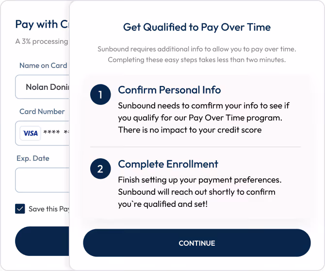 Popup window titled 'Get Qualified to Pay Over Time' explaining two steps: 1. Confirm Personal Info to check eligibility with no credit score impact, 2. Complete Enrollment for payment preferences setup with a CONTINUE button below.