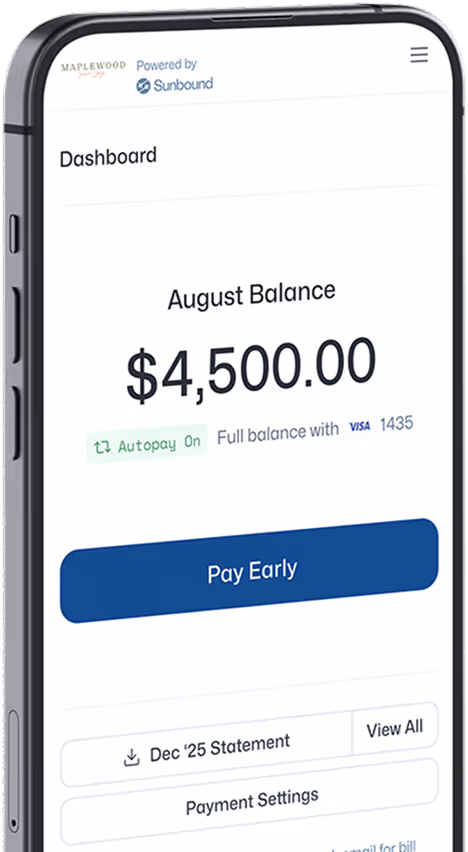 Mobile dashboard showing August balance of $4,500 with autopay on and option to pay early using Visa ending in 1435.