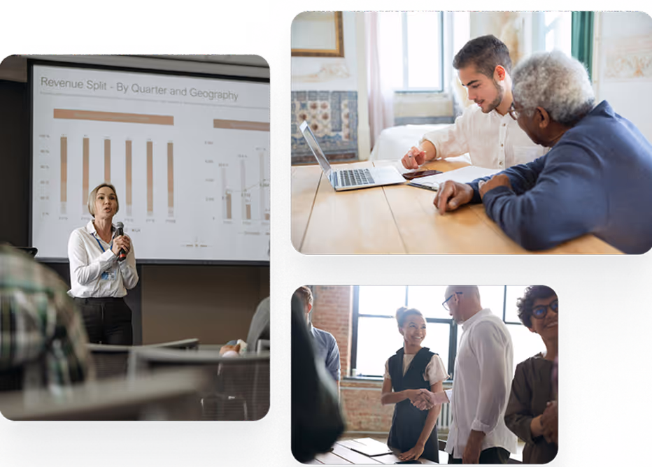 Collage of three business scenes: woman presenting revenue chart, young man assisting older man with laptop, and two people shaking hands in office.