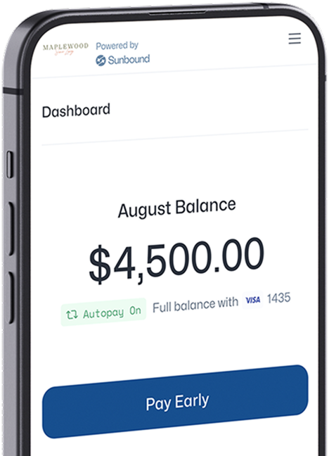 Mobile dashboard showing August balance of $4,500 with autopay on and option to pay early using Visa ending in 1435.