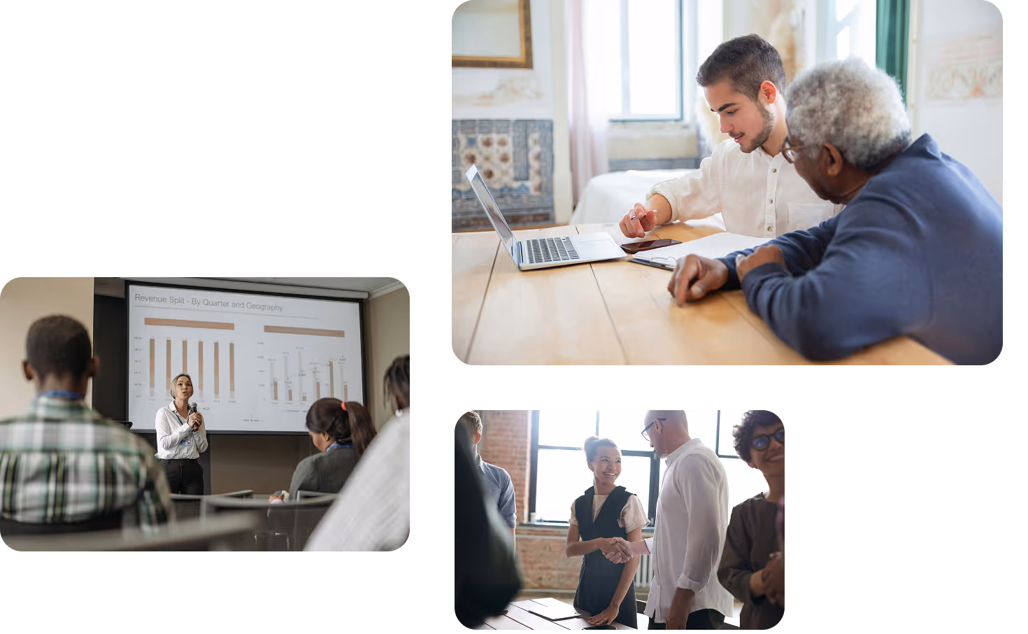 Collage of images showing a woman presenting business graphs to an audience, two men reviewing documents at a table with a laptop, and a woman shaking hands with a man in a bright office.