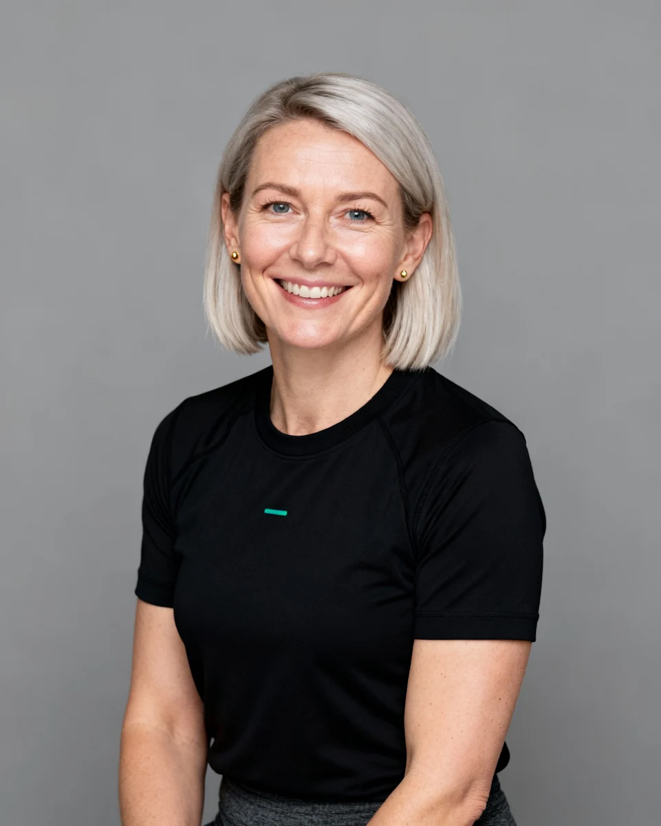 Smiling woman with short blonde hair wearing a black T-shirt and gold stud earrings against a gray background.