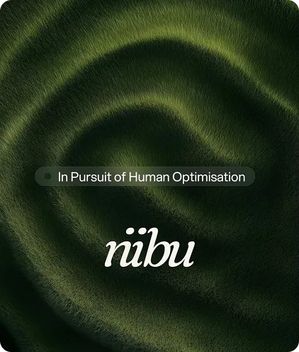 Green textured spiral resembling fabric or fur with the text 'In Pursuit of Human Optimisation' and stylized 'nibu' in white.