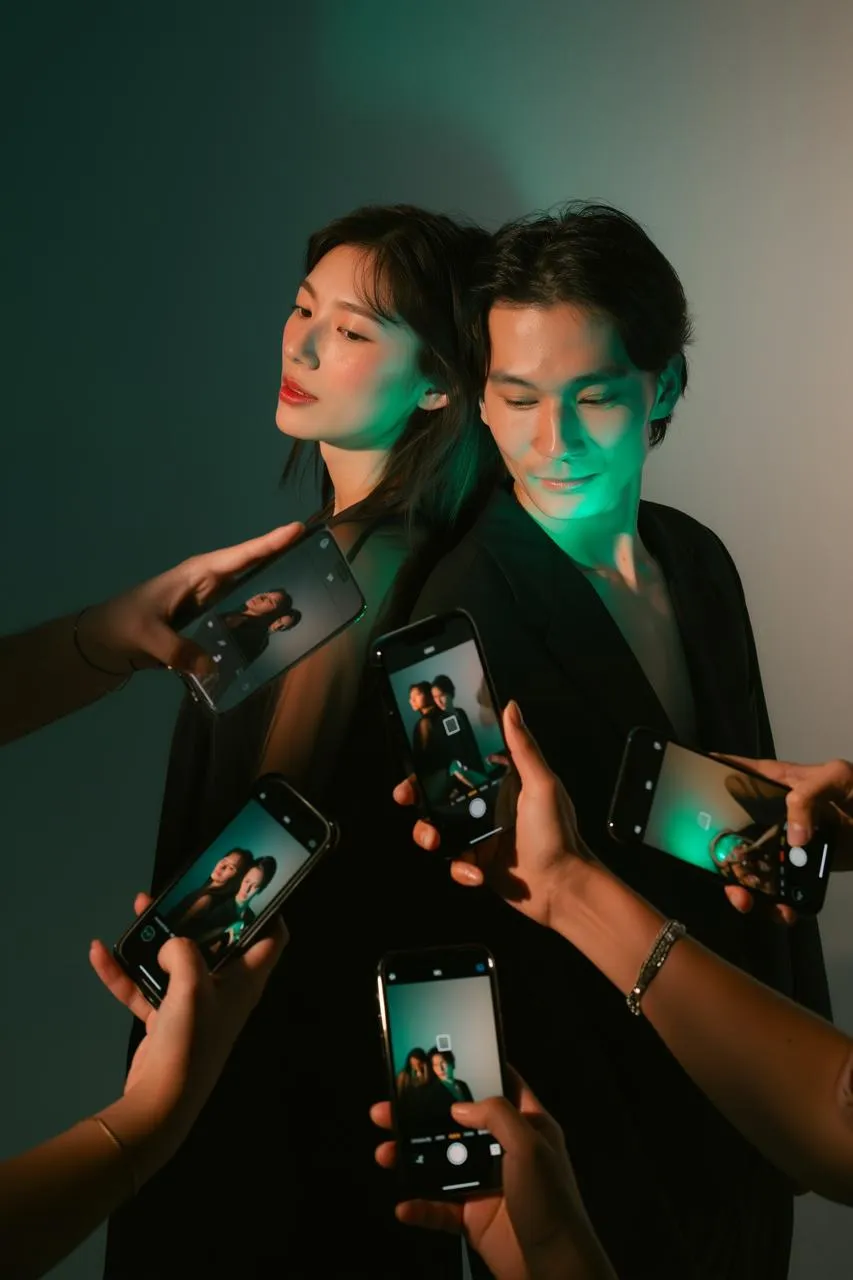 A man and woman posing back-to-back while multiple hands hold smartphones taking their photos.