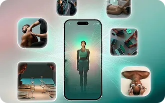 Smartphone with a woman standing on the screen surrounded by six rounded images of self-care activities including massage, yoga, workout, meditation, tea, and gym equipment.