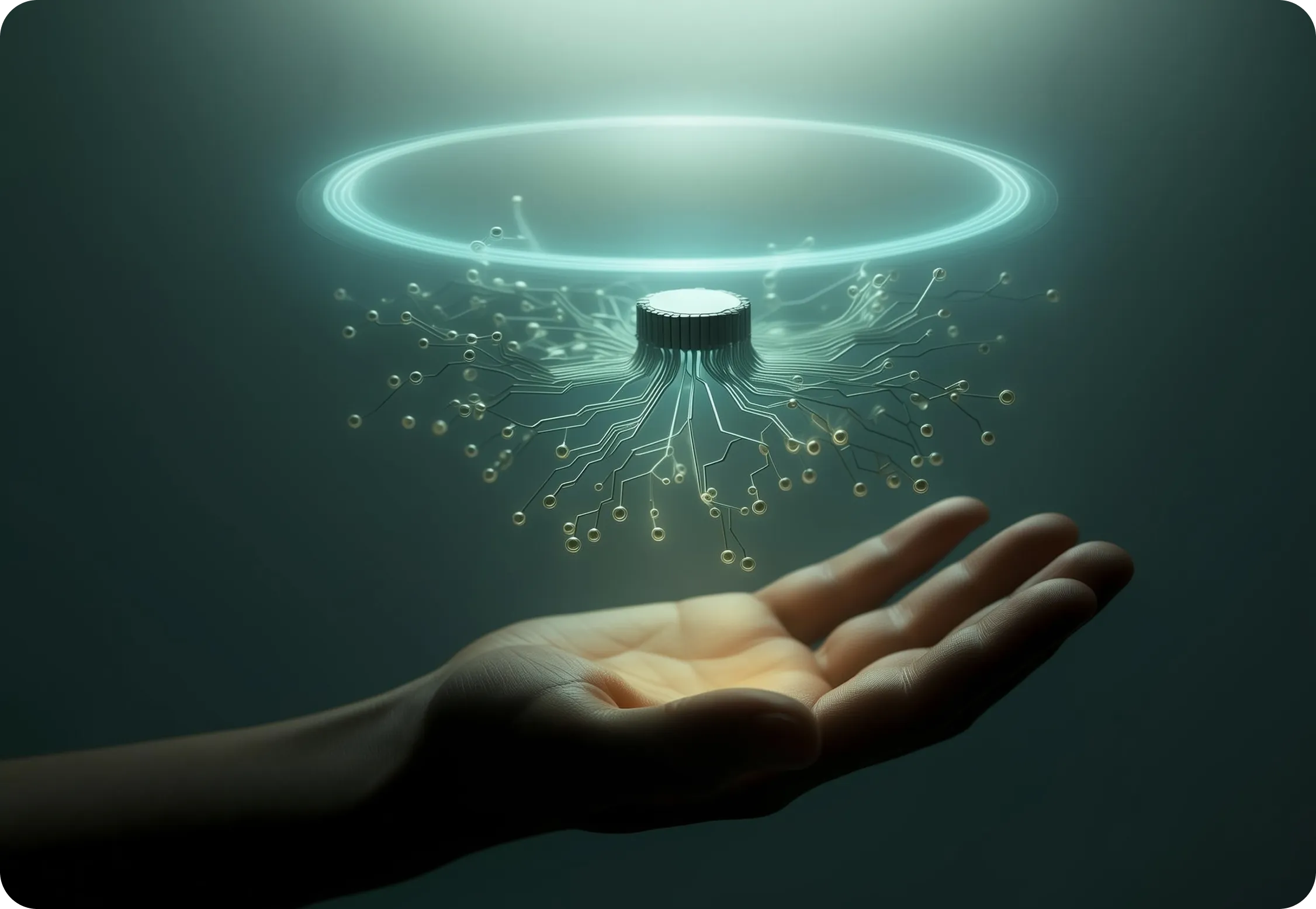Open human hand holding a glowing futuristic microchip with circuits extending outward in a dark background.