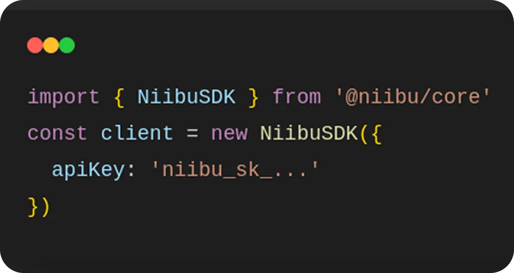 JavaScript code snippet importing NiibuSDK from '@niibu/core' and creating a new client instance with an apiKey.