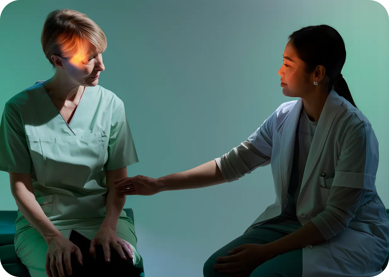 A female doctor gently holding the arm of a seated female patient in a supportive gesture against a plain teal background.