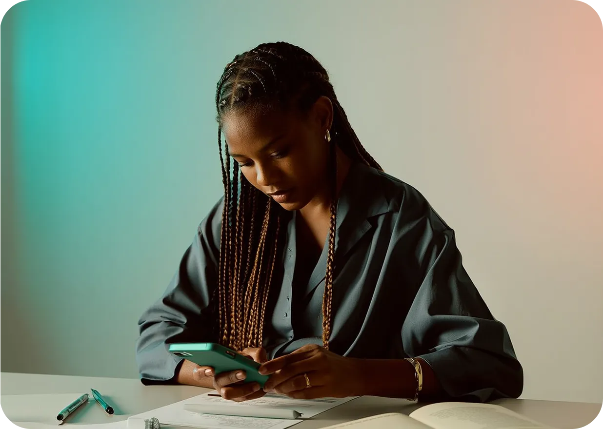 Young woman with braided hair sitting at a desk using a smartphone with open books and pens nearby.