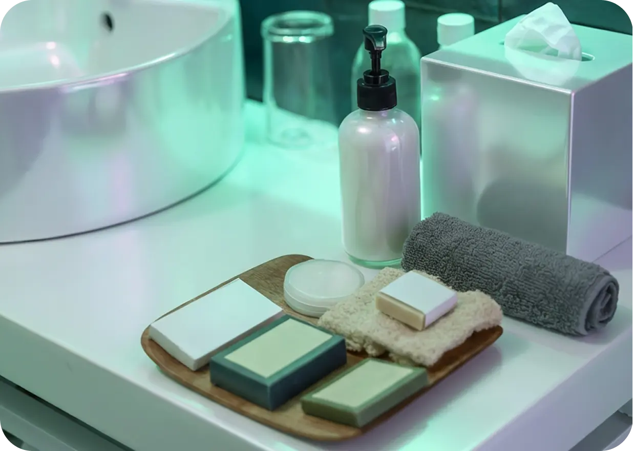 Bathroom countertop with a white sink, assorted soap bars on a wooden tray, a lotion bottle, a rolled gray towel, and a tissue box.
