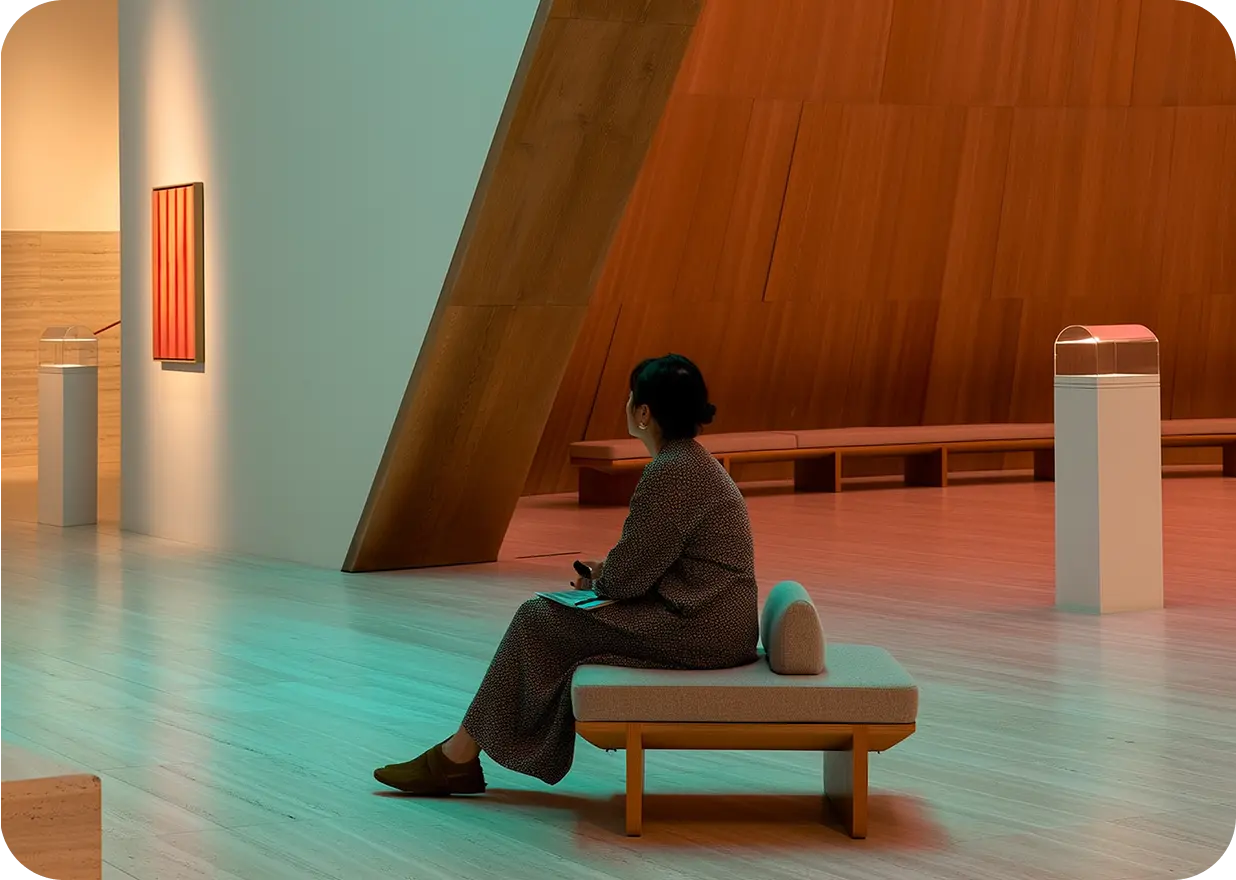 Person sitting on a bench in a modern art gallery with wooden and white walls, holding a notebook and pen.