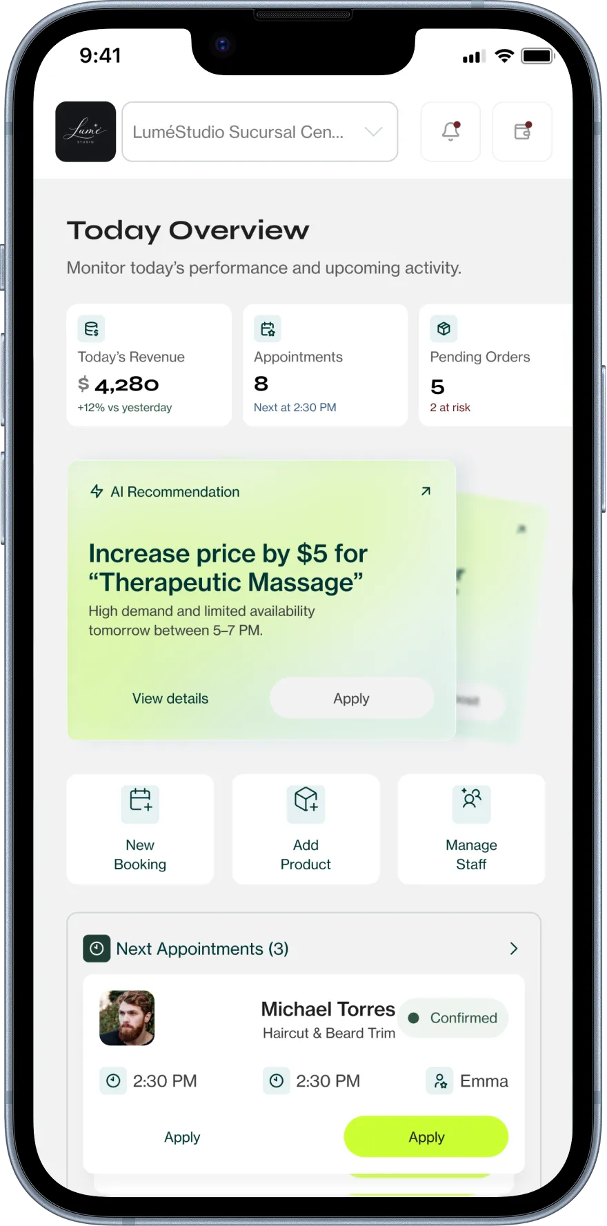 Mobile app interface showing today's overview with revenue, appointments, pending orders, AI price increase recommendation for Therapeutic Massage, options for new booking, adding products, managing staff, and next confirmed appointment for Michael Torres at 2:30 PM with Emma.