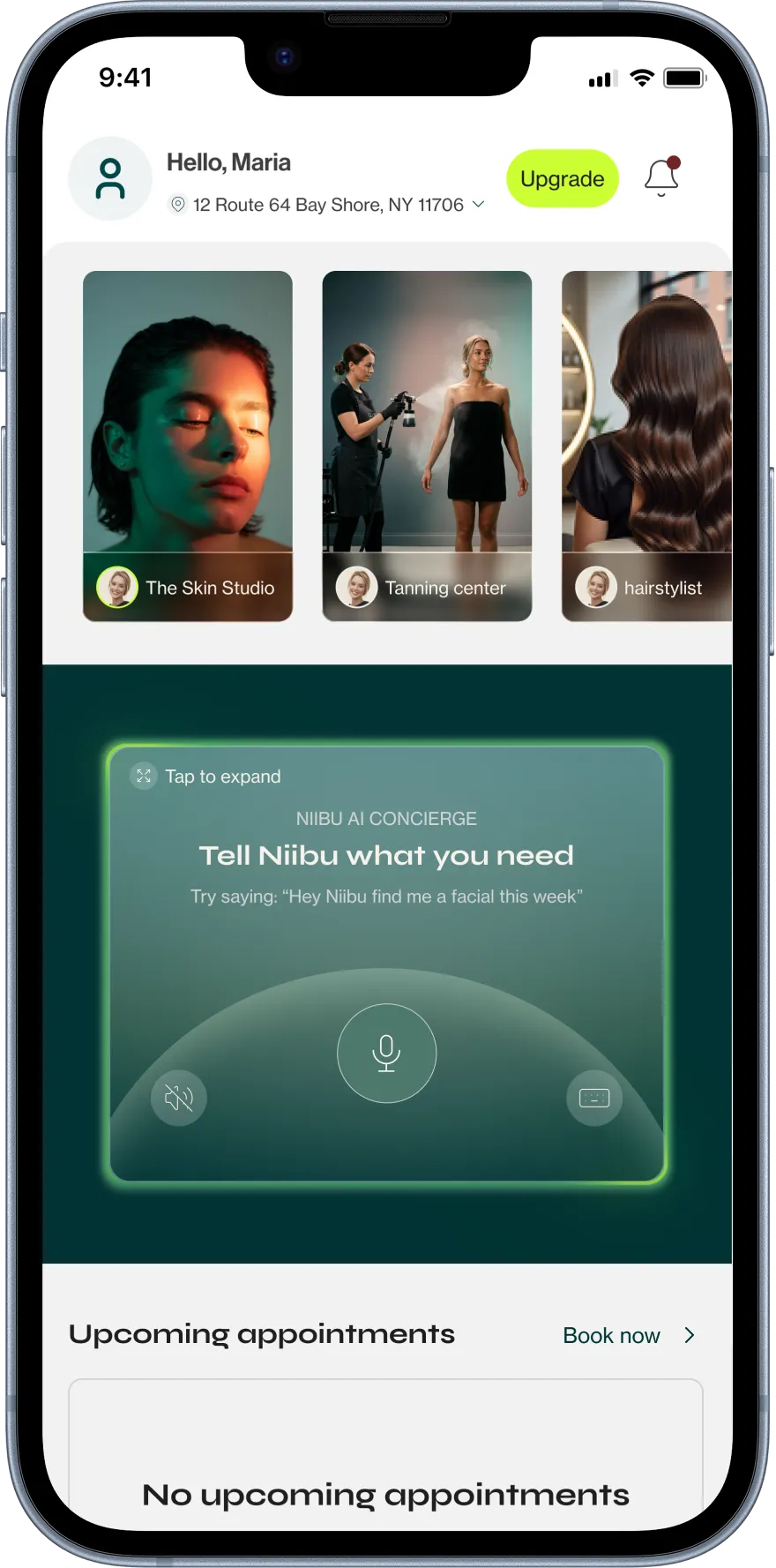 Mobile app screen greeting Maria, showing options for The Skin Studio, Tanning center, and hairstylist, with a voice AI concierge to request services and a note of no upcoming appointments.