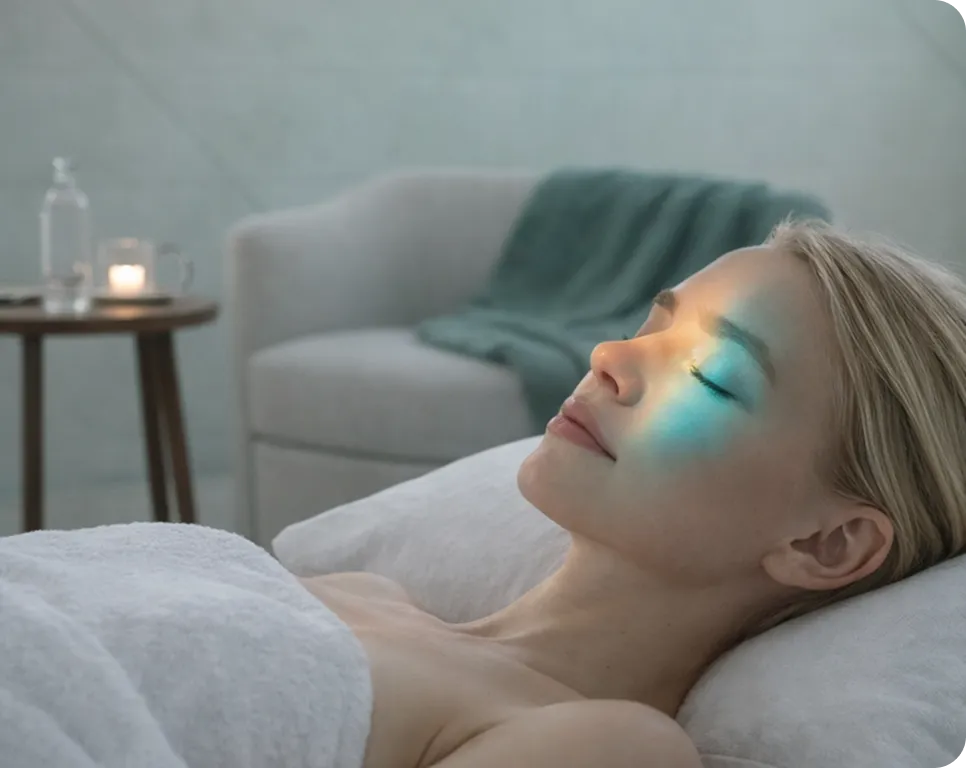 Woman with closed eyes relaxing on a spa bed with a soft light rainbow reflected on her face.