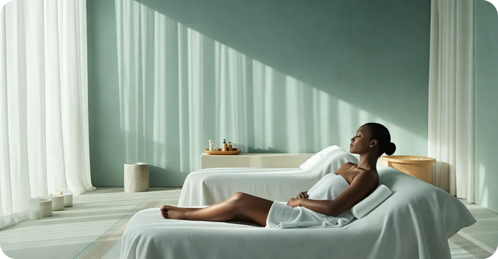 Woman relaxing on a spa lounge chair wrapped in a towel in a serene, sunlit room with soft green walls and sheer curtains.
