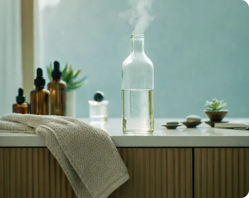 Steaming glass bottle with liquid on a countertop surrounded by towels, amber dropper bottles, succulents, and spa stones.