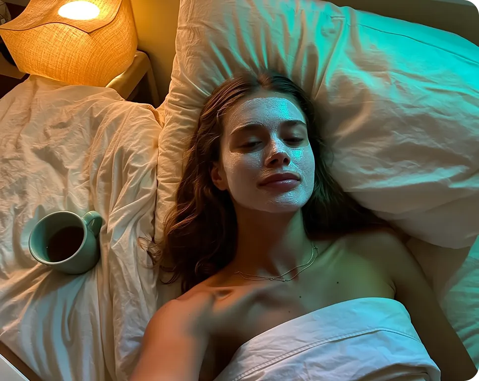 Woman lying in bed with a facial mask, covered by white sheets, next to a lit bedside lamp and a cup of tea.