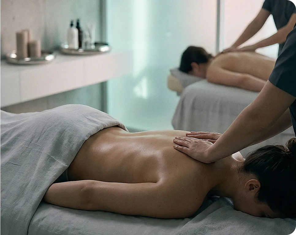 Two people receiving back massages in a calm spa setting with massage therapists using hands.