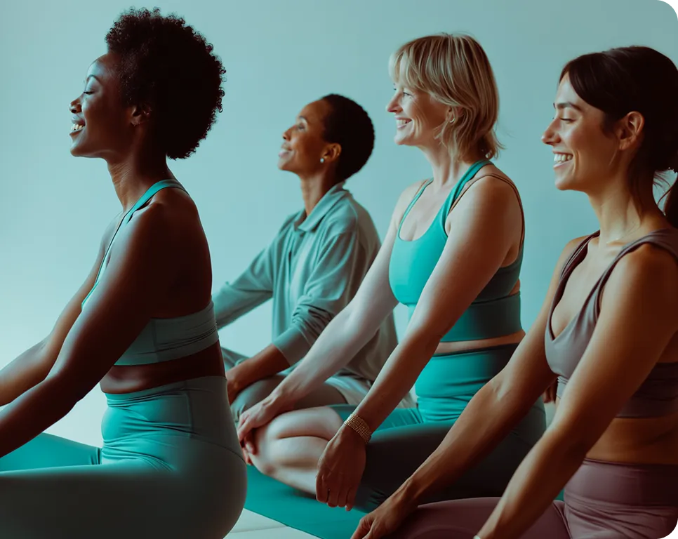 Four women sitting cross-legged in a row on yoga mats, smiling and practicing meditation or mindfulness indoors.