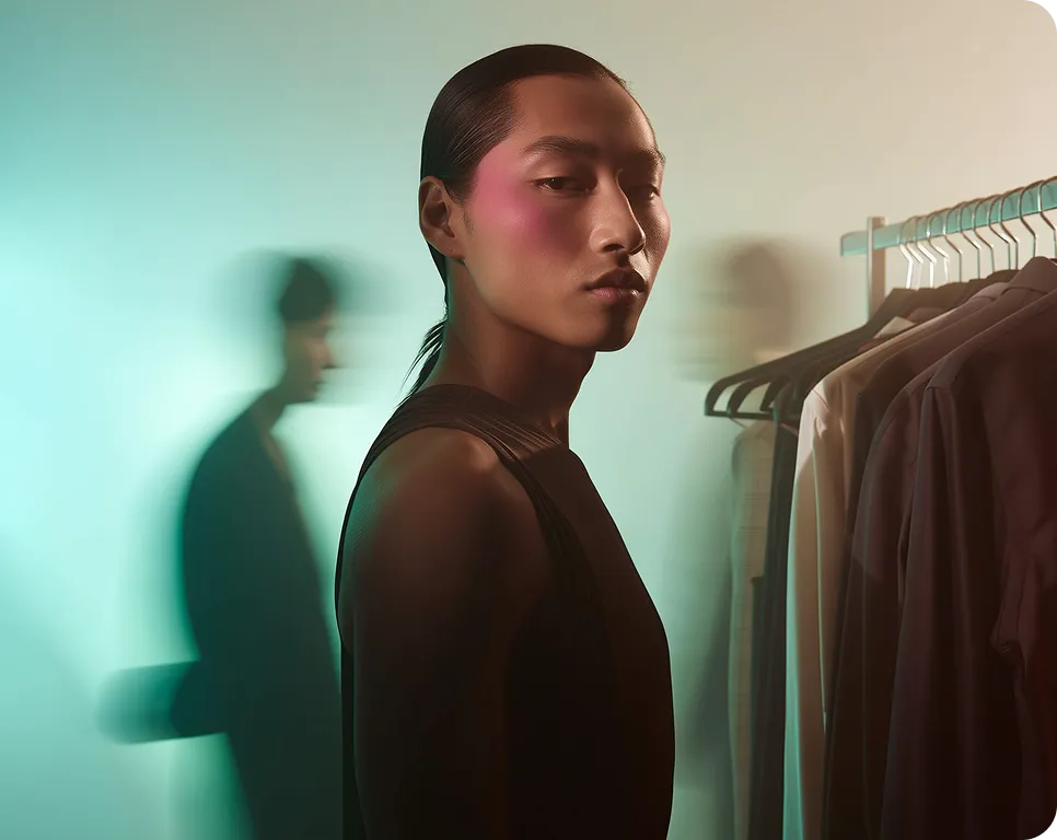 Young person with slicked-back hair and bold pink cheek makeup standing near a clothing rack with hanging garments, against a soft gradient background with blurred figures.