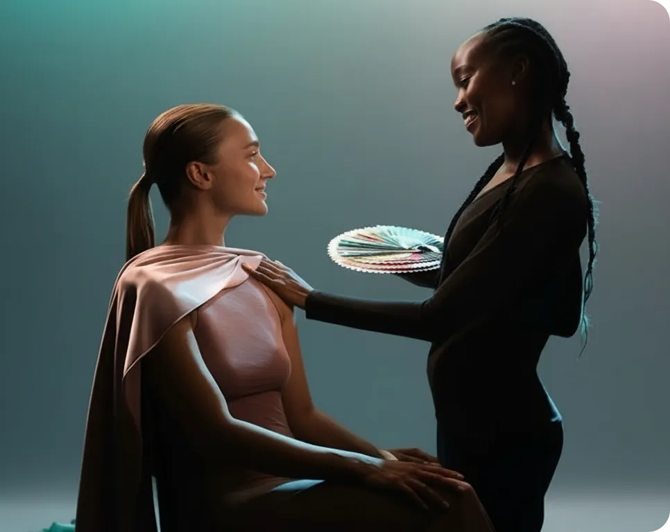 A stylist holding a color palette touches the shoulder of a seated woman wearing a satin cape, both smiling during a consultation.
