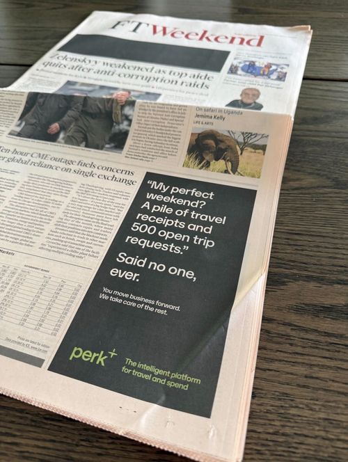 Photograph of one of Perk's print ads in the FT Weekend